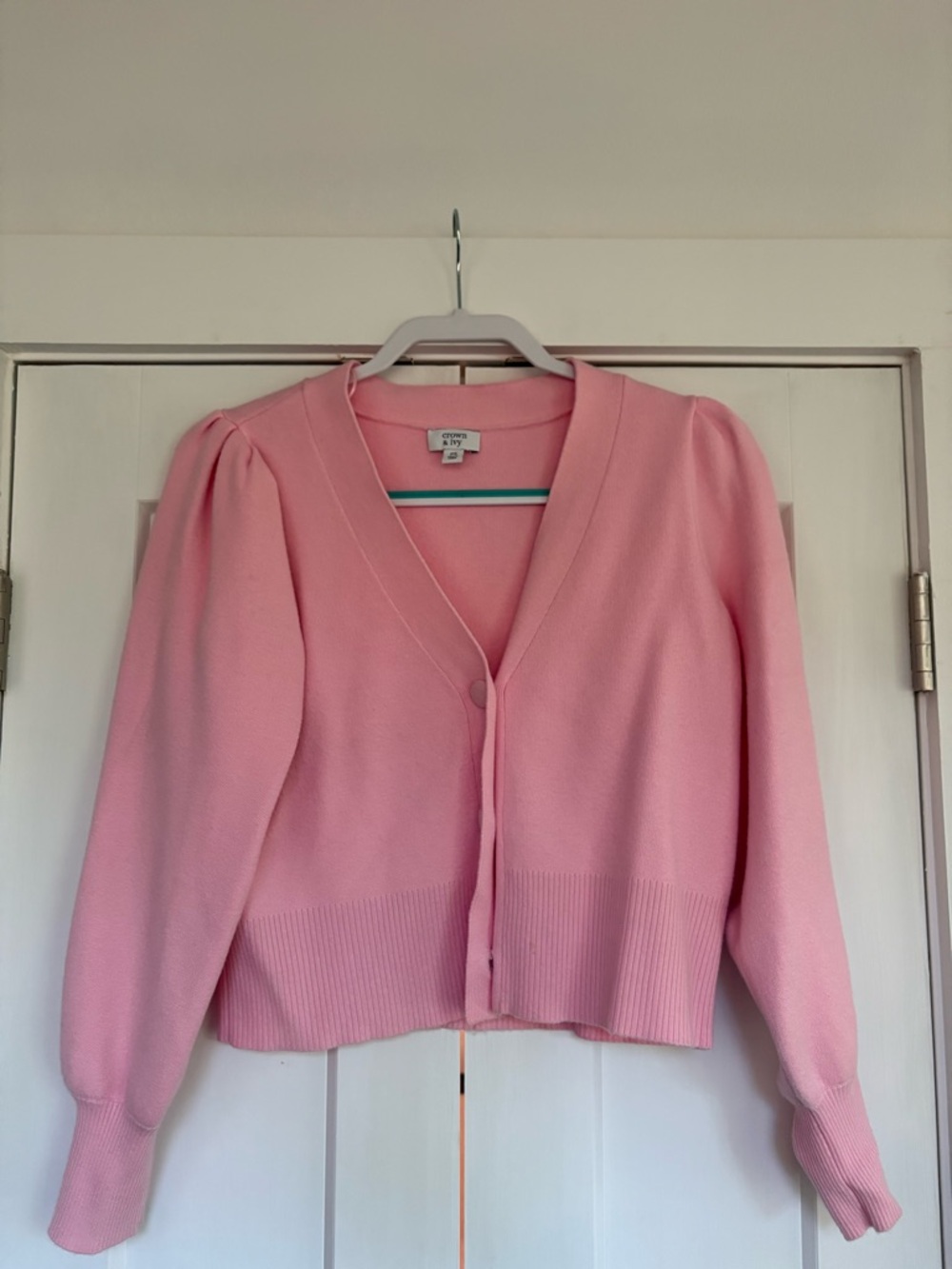 Pink V-Neck Button Cardigan with Puff Shoulders